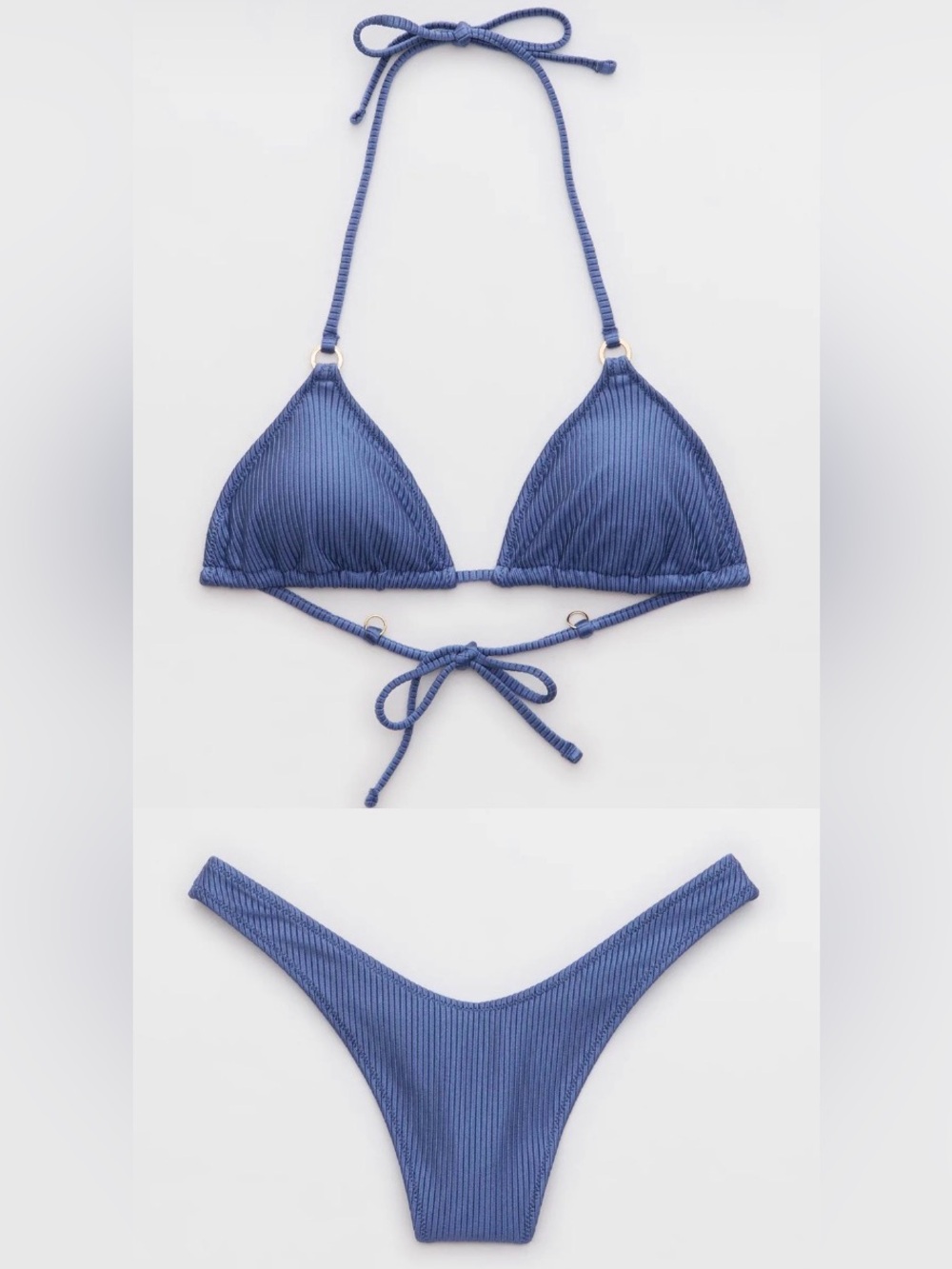 NWT Aerie FULL SET Shine Rib String Triangle Top + Thong Bottom Marbled Blue S